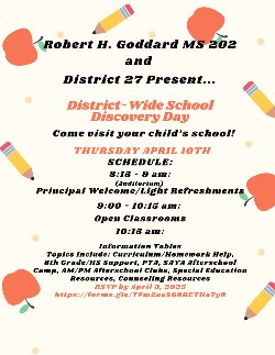 Discovery Day Flyer with event information. clip art of red apples and yellow pencils boarder